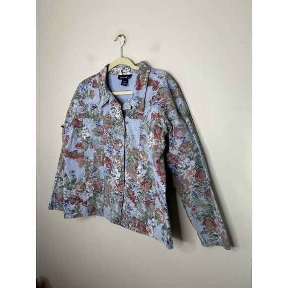Denim and Co Blue Floral Spring Jacket Button Up  Pockets Pastel Size Large - Picture 2 of 8